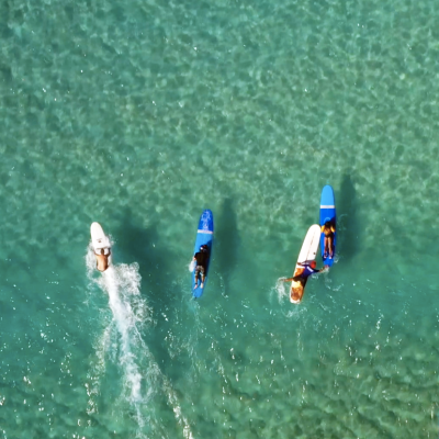 a group of people swimming in the water