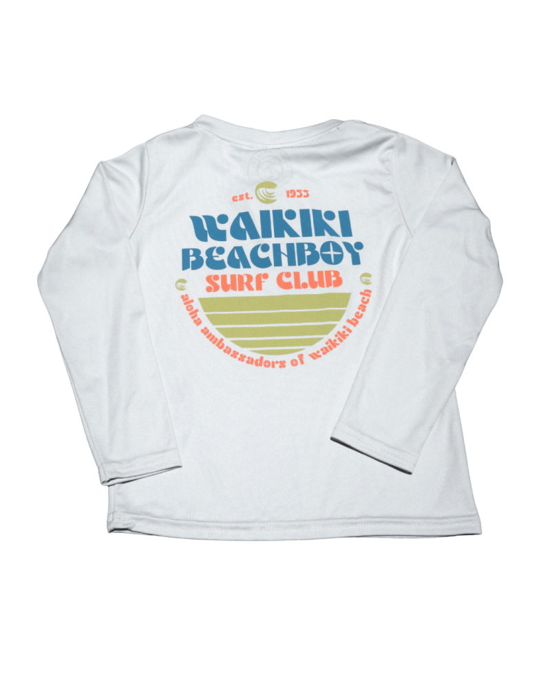 White long-sleeve shirt with Waikiki Beachboy Surf Club logo and text in blue, orange, and yellow.
