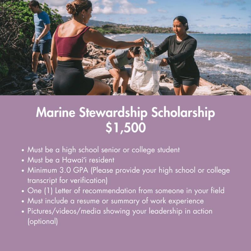 People cleaning a beach, with text about Marine Stewardship Scholarship $1,500 requirements.