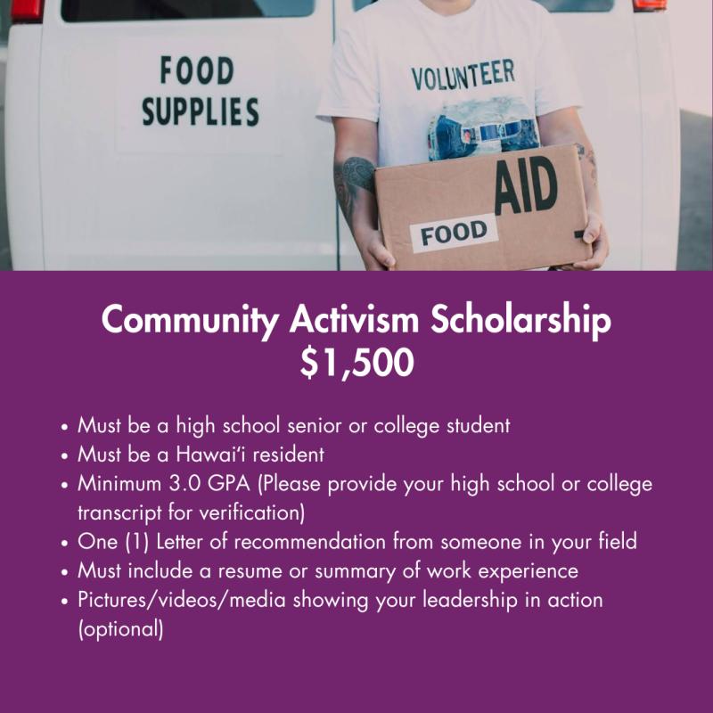 Person with food aid box near van; scholarship details and eligibility criteria shown.