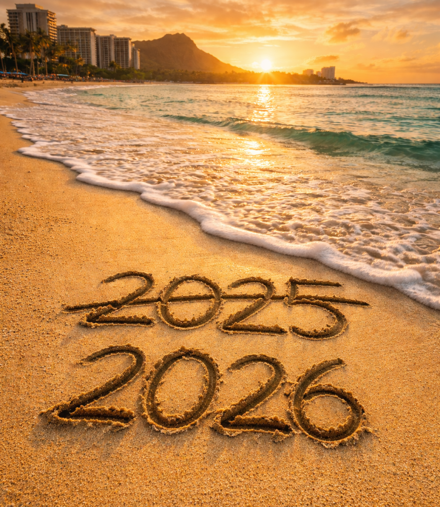 2025 crossed out, 2026 written in sand on beach at sunset, with ocean and distant buildings.
