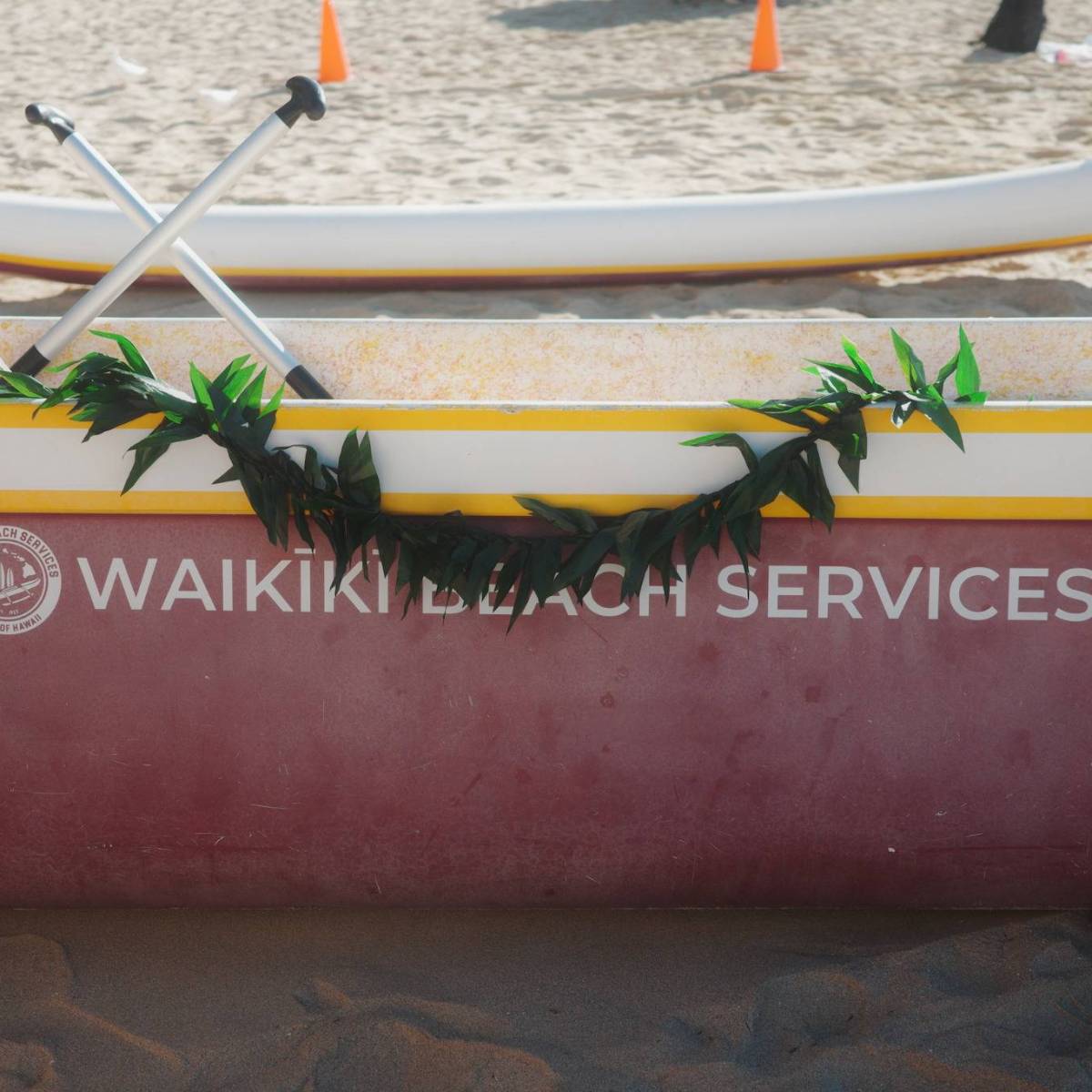 Outrigger canoe on sand with crossed paddles and greenery, marked 'Waikiki Beach Services.'