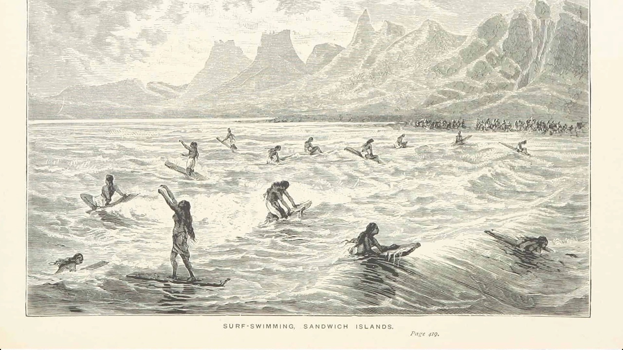 Illustration of surfers riding waves near mountainous coastline labeled 'Surf-Swimming, Sandwich Islands.'