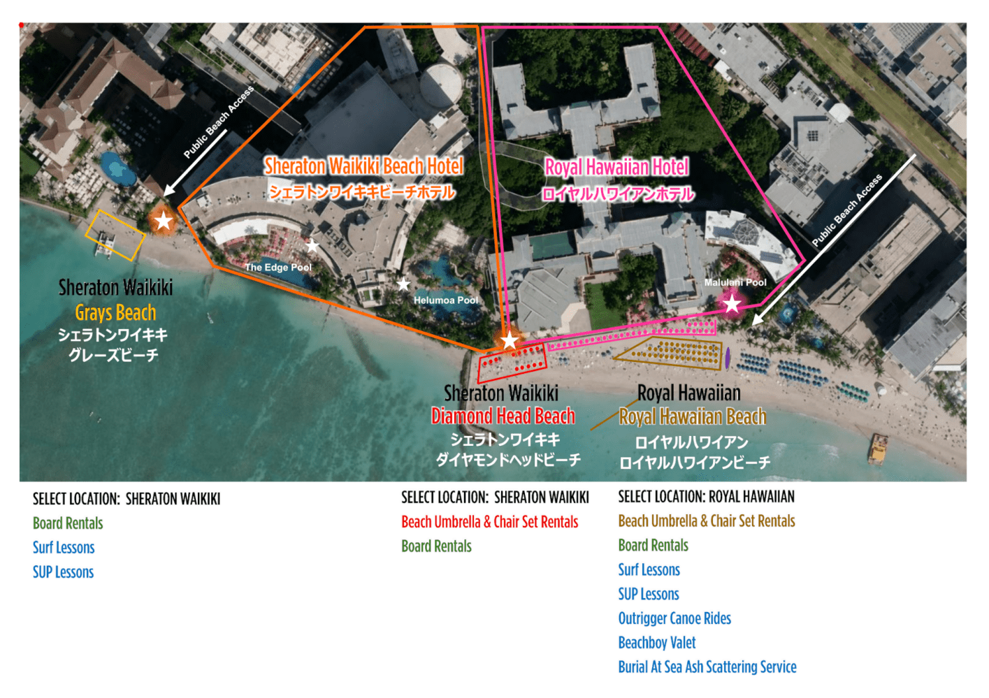 Map highlighting Sheraton Waikiki and Royal Hawaiian Hotel with beach services and activities.