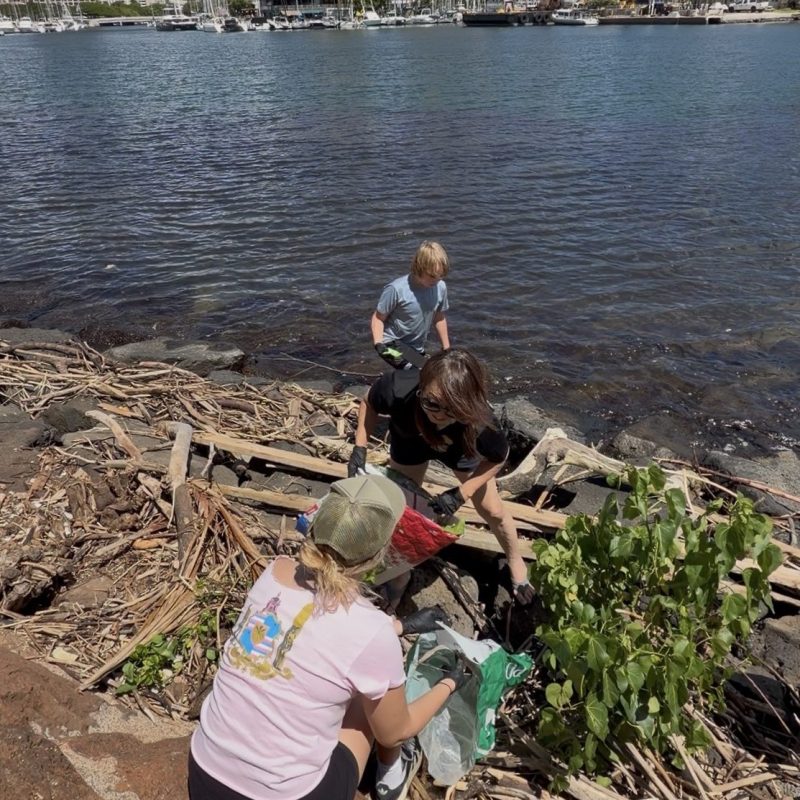 People clean debris by water with city skyline in the background.