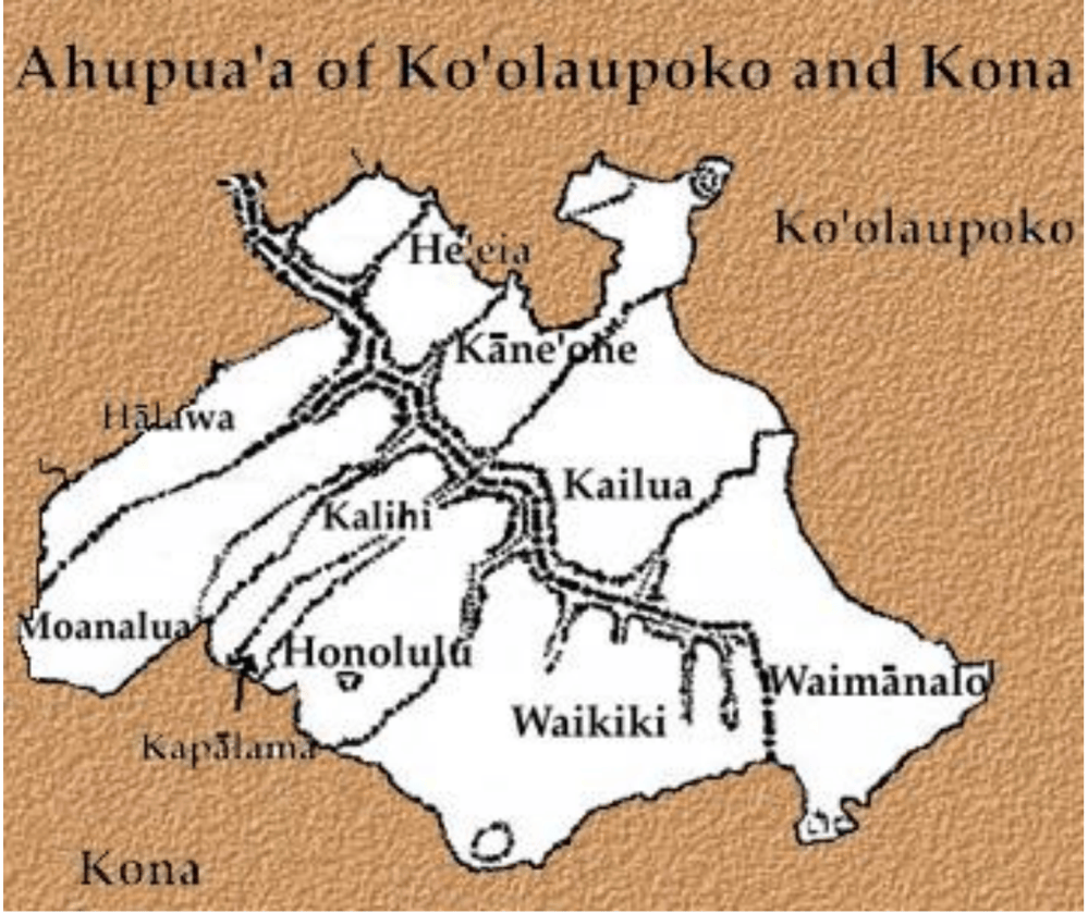 Map of Ahupua'a showing areas in Ko'olaupoko and Kona with roads.